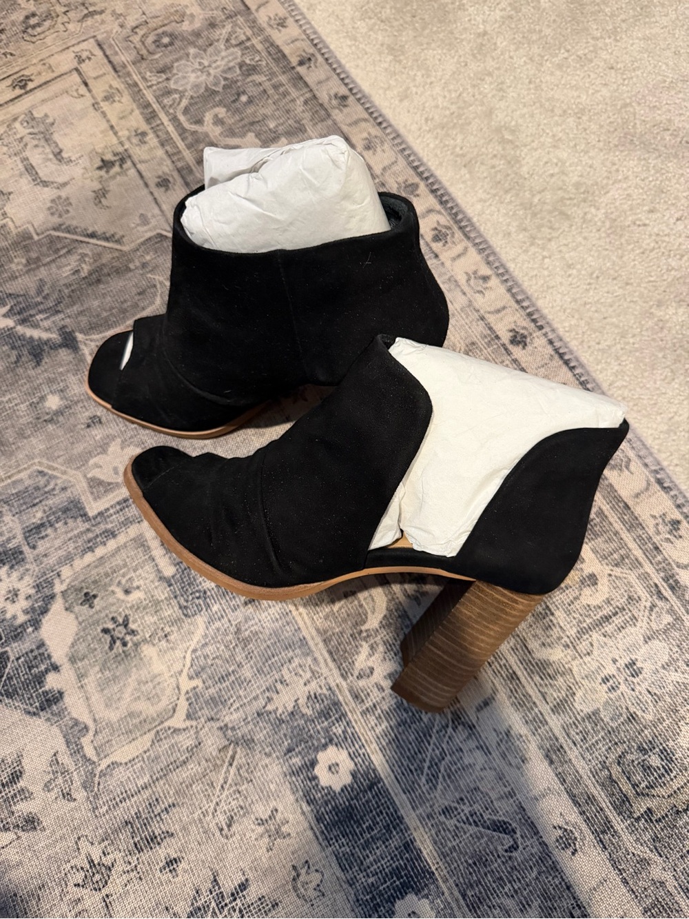 Womens Black Suede Peep-Toe Ankle Booties